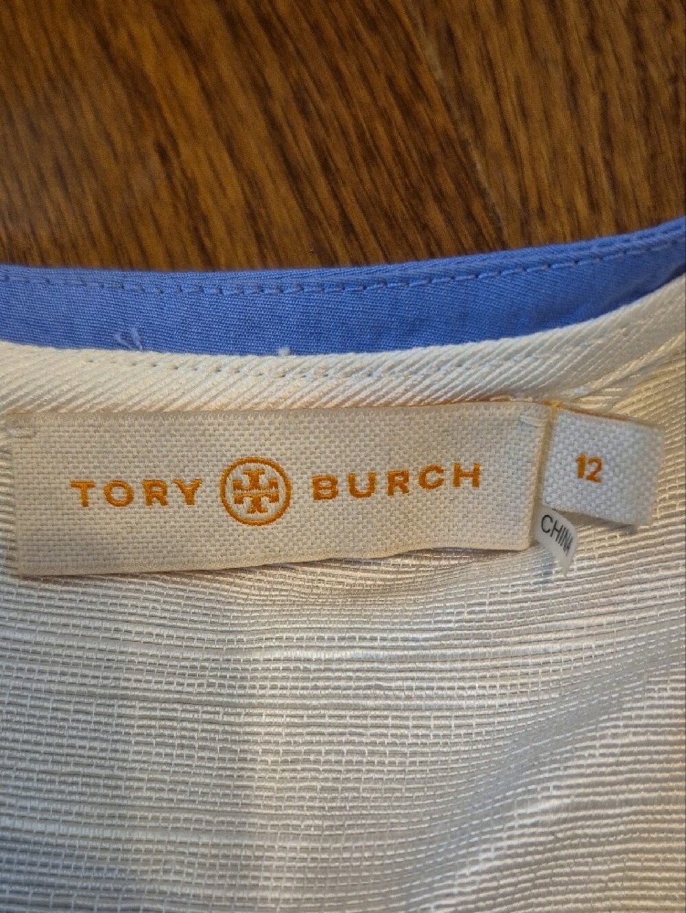 Tory Burch White Short Sleeve Top with Blue Floral Border - Picture 2 of 5